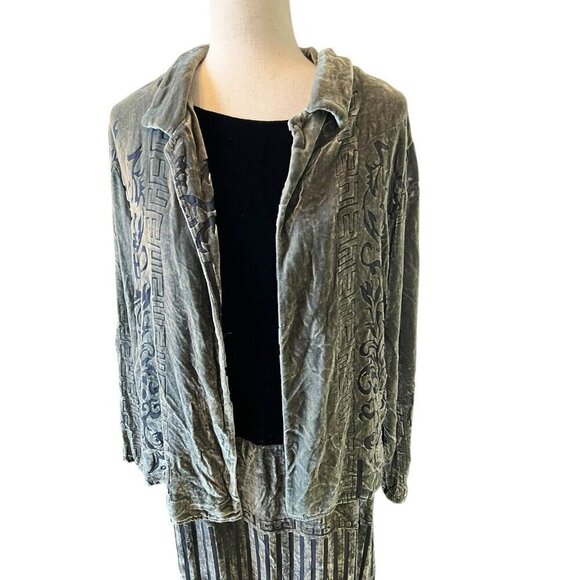 Citron Santa Monica Green Burnout Velvet Dress Topper Jacket Set Geometric Silk - Picture 2 of 16